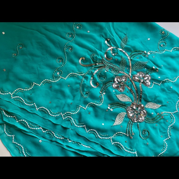 Teal Chiffon Sheer Embroidered Sequins Sari/Saree - Picture 3 of 3